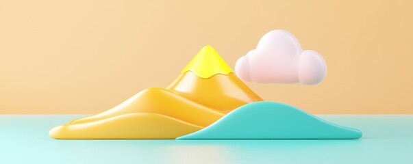 Obraz premium Colorful 3D landscape with mountains and clouds on a pastel backdrop.