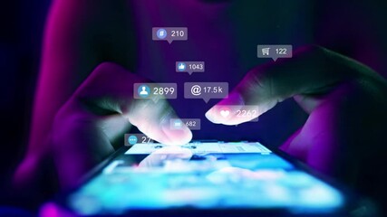 business woman using smartphone ,icons social media fly over showing people engagement connection through social network application platform,Concept viral video and social media marketing