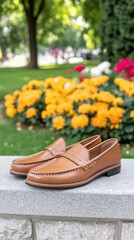 Men's brown leather loafers on the background of a blooming lawn.