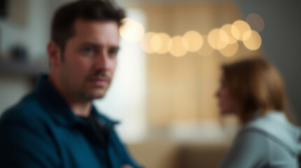 Obraz premium A blurry image of a man and woman, possibly in an argument or disagreement, captured in a dimly lit indoor setting. The atmosphere feels tense and uncertain.