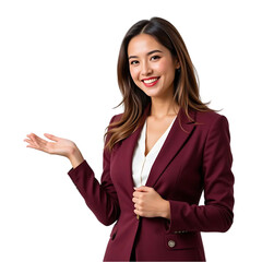 Confident Asian Businesswoman in Burgundy Blazer, Presenting, Smiling, Isolated White Background, Professional Portrait, Corporate Success, Elegant   
