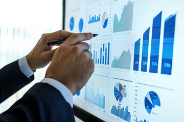 Business strategist analyzing data charts on a digital screen with precision on a white background