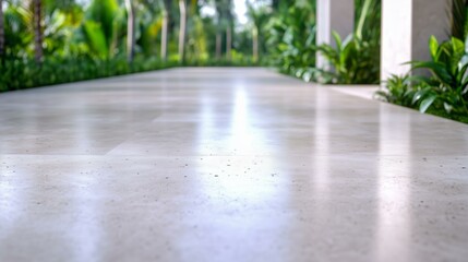 Tranquil garden pathway with lush greenery and smooth stone surface in tropical setting