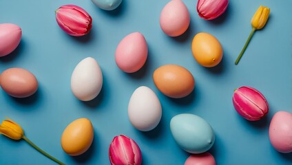 Stylish background with colorful easter eggs isolated on blue background with pink tulip flowers
