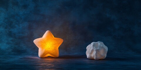 An abstract background featuring a glowing star and a textured white shape on a dark blue surface