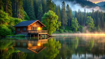 Obraz premium Tranquil Lakeside Cabin with Lush Greenery and Reflective Waters