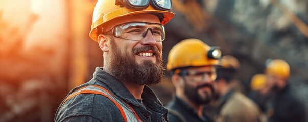 A group of miners in safety gear, smiling and working in a quarry, showcasing teamwork and resilience in a challenging environment.