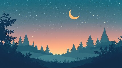 Fototapeta premium Serene night landscape with crescent moon, starry sky, and silhouetted forest.