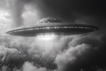 Obraz premium Black and white photograph of a UFO in a dramatic sky, evoking mystery and intrigue, perfect for sci-fi or retro-themed projects