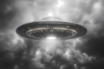 Obraz premium Black and white photograph of a UFO in a dramatic sky, evoking mystery and intrigue, perfect for sci-fi or retro-themed projects