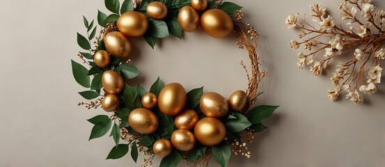 Stylish wreath with golden Easter eggs and leaves on light background
