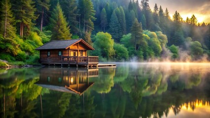 Fototapeta premium Tranquil Lakeside Cabin with Lush Greenery and Reflective Waters