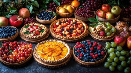 Fototapeta premium Fresh fruit tarts and berries on a dark table, perfect for a bakery menu.