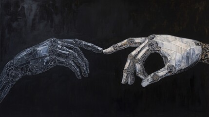 Robotic hands poised to connect against a dark artistic background in creative expression