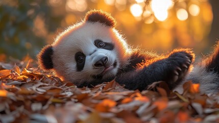 Fototapeta premium Adorable panda cub, autumn leaves, golden sunlight.