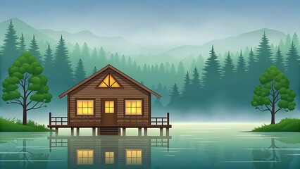 Tranquil Lakeside Cabin with Lush Greenery and Reflective Waters