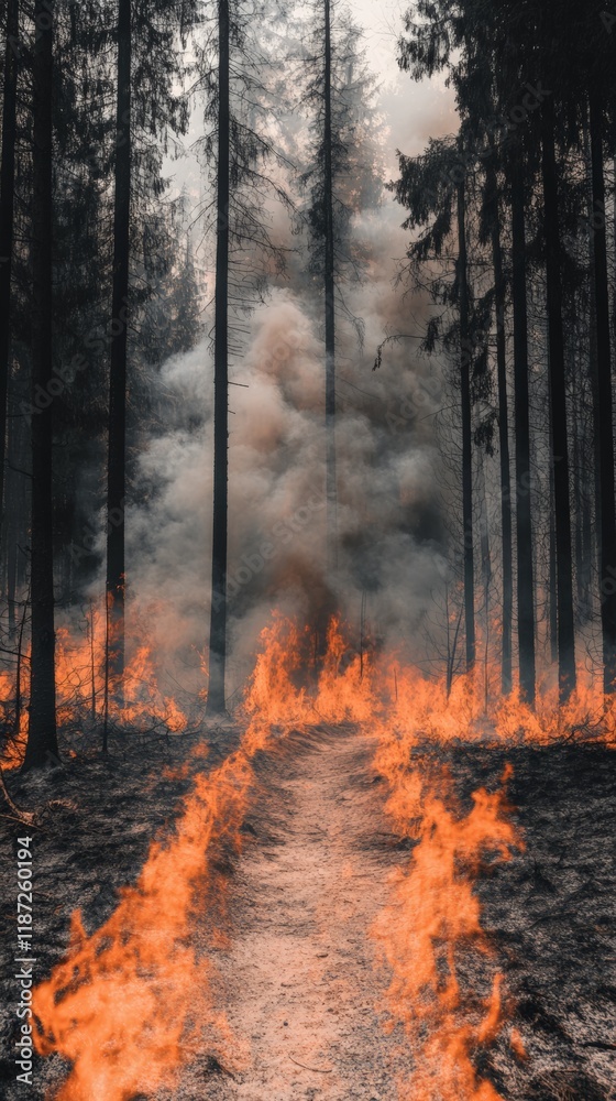 Poster intense flames are consuming the forest undergrowth, advancing along a path and generating thick smo