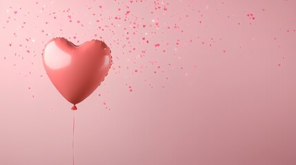 Pink heart balloon floats against pastel background, confetti falling; romantic, celebratory image perfect for Valentine's Day cards