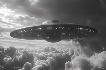 Obraz premium Black and white photograph of a UFO in a dramatic sky, evoking mystery and intrigue, perfect for sci-fi or retro-themed projects
