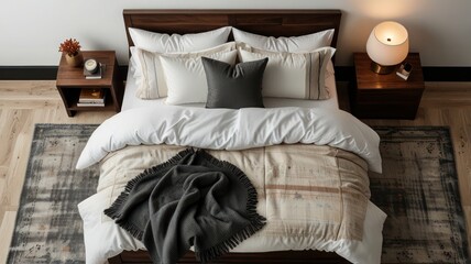 Top down view of cozy bedroom with a modern bed nightstand and decorative pillows white isolated background