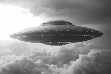 Obraz premium Black and white photograph of a UFO in a dramatic sky, evoking mystery and intrigue, perfect for sci-fi or retro-themed projects