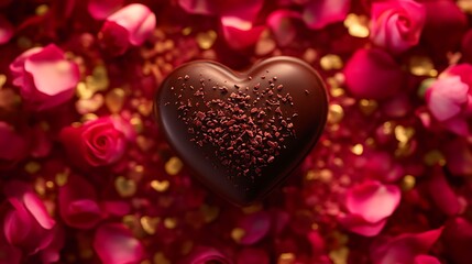 Obraz premium Heart-shaped chocolate centerpiece surrounded by sprinkled roses on a festive table