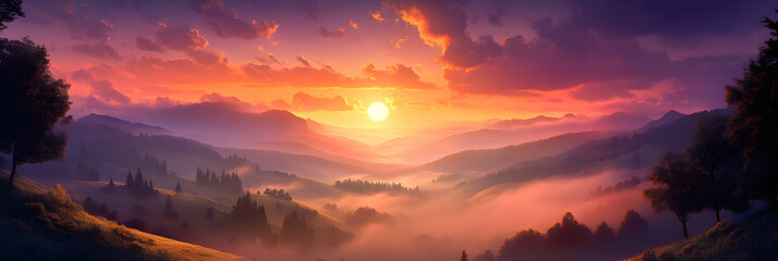 Naklejka premium Ethereal Sunset Over Rolling Hills with Distant Silhouettes and Soft Horizon Glimmers