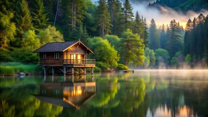 Tranquil Lakeside Cabin with Lush Greenery and Reflective Waters