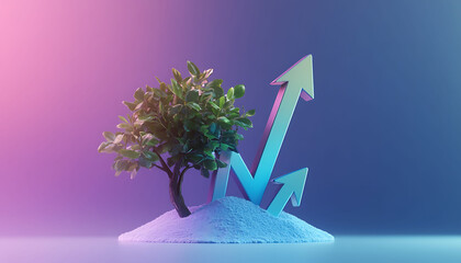 A small plant with Arrow on pink and purple gradient background, startup business growing concept background. Clean 3D high quality illustration.