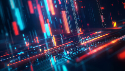 Fototapeta premium A vibrant display of colorful streaks of light creating a dynamic, high-energy abstract pattern. The light trails have a glowing, fiery feel. Tech background