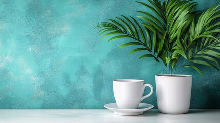 Greenery and ceramic cup on a table against a teal textured background