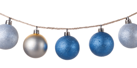 christmas balls blue silver hanging on a rope isolated on white background PNG.AI GENERATED