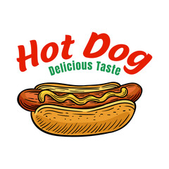 Hot dog logo design template isolated. Retro hot dog logo vector. Hand drawn vintage Hot dog emblem