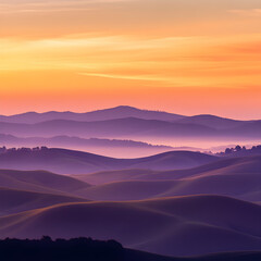 Ethereal Sunset Over Rolling Hills with Distant Silhouettes and Soft Horizon Glimmers
