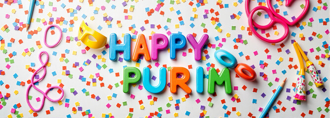 Happy Purim colorful text with party decorations and confetti on white background