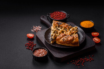 French quiche with chicken or salmon, cheese, salt, spices and herbs