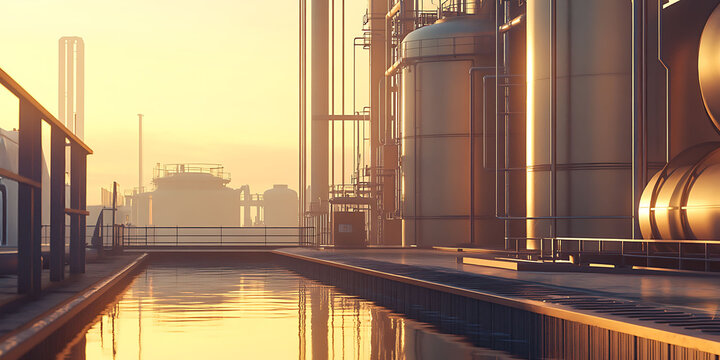 A golden industrial facility reflecting sunlight, highlighting its large cylindrical structures. The design represents efficiency. Ho2 tanks