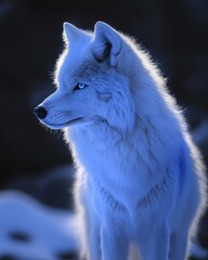 Obraz premium Majestic white wolf with blue eyes in winter twilight.