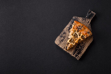 French quiche with chicken or salmon, cheese, salt, spices and herbs