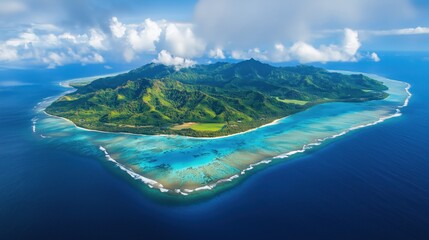 An aerial view reveals a stunning tropical island with vibrant green landscapes surrounded by turquoise waters, capturing the serene beauty of a true island paradise.