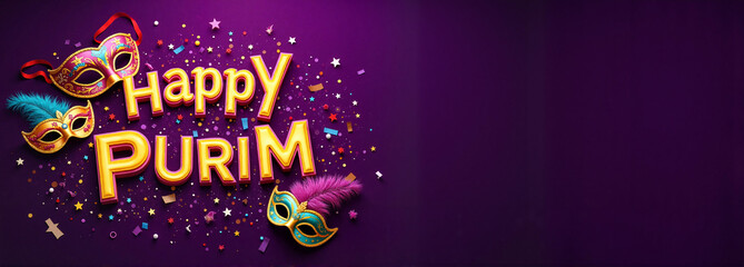 Happy Purim golden text with carnival masks and confetti on purple background with festive joy