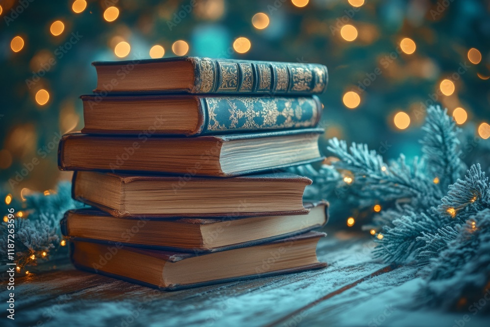 Poster vintage books on rustic table with fairy lights bokeh in dreamlike winter setting