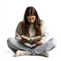 Fototapeta premium Young woman reading a book, sitting on the floor, fullbody shot with copy space on the left, on pure white background