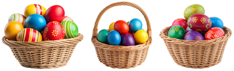 Collection of Easter baskets filled with colorful eggs isolated on a transparent background