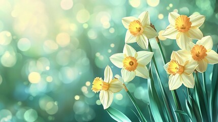 Fototapeta premium Soft golden bokeh lights blending smoothly into vivid floral tones, evoking warmth and serenity, book illustration style