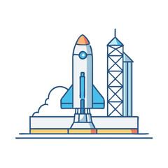 rocket on launch pad vector icon, rocket on launch pad vector illustration - simple illustration of rocket on launch pad, perfect for logos,and rocket on launch pad -themed designs. © Waliul