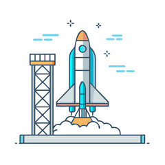 rocket on launch pad vector icon, rocket on launch pad vector illustration - simple illustration of rocket on launch pad, perfect for logos,and rocket on launch pad -themed designs. © Waliul