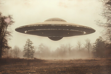 Naklejka premium Sepia-toned photograph of a UFO in a vintage sky, evoking mystery and nostalgia, perfect for retro, sci-fi, or historical-themed projects