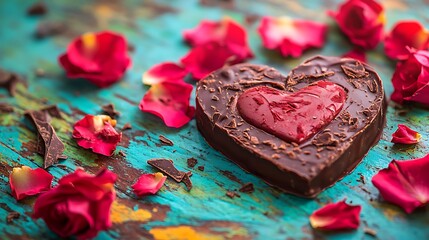 Heart-shaped chocolate centerpiece with roses delicately sprinkled around on a vibrant surface