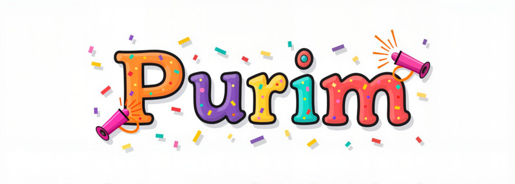 Purim playful bold text with confetti and streamers on white background with cheerful festive tone